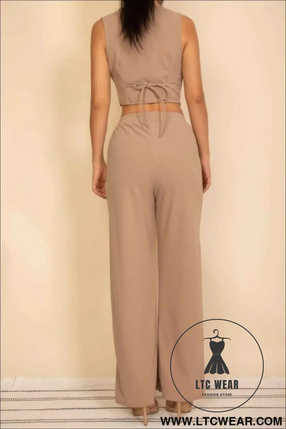 Tailored Button Vest With Adjustable Back Tie & Wide Leg Pants Set