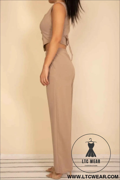 Tailored Button Vest With Adjustable Back Tie & Wide Leg Pants Set