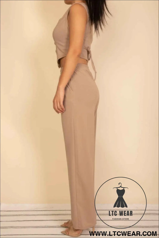 Tailored Button Vest With Adjustable Back Tie & Wide Leg Pants Set