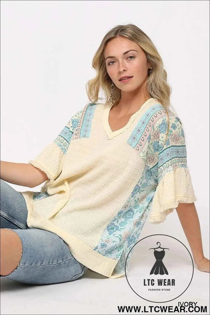 Texture Knit And Print Mixed Hi Low Hem Top