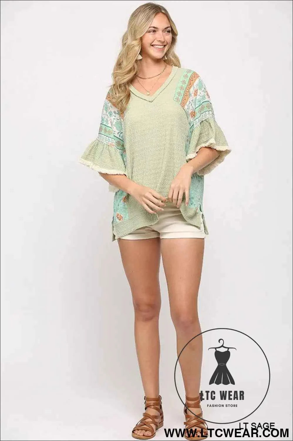 Texture Knit And Print Mixed Hi Low Hem Top
