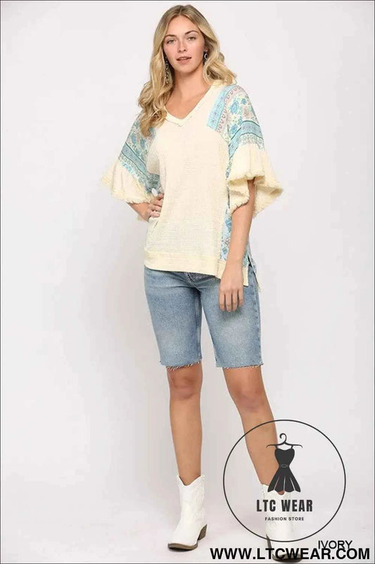 Texture Knit And Print Mixed Hi Low Hem Top