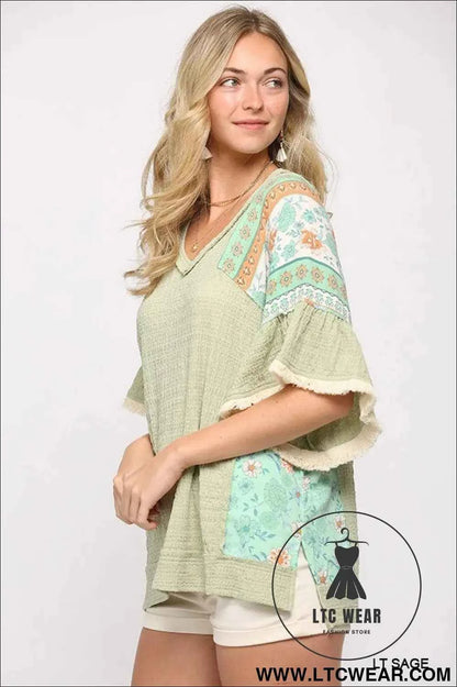 Texture Knit And Print Mixed Hi Low Hem Top