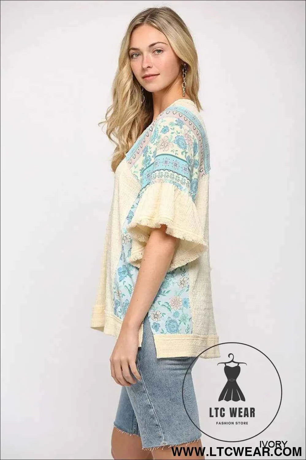 Texture Knit And Print Mixed Hi Low Hem Top