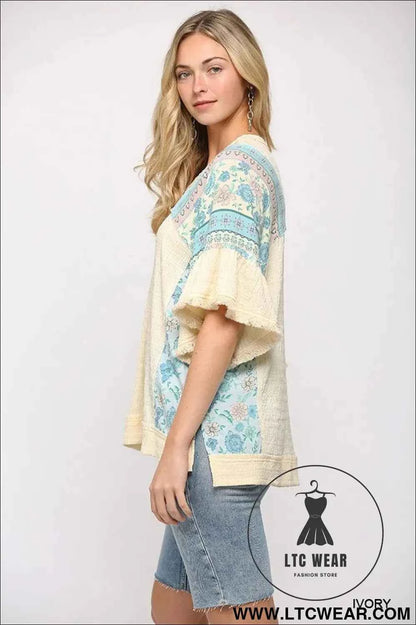 Texture Knit And Print Mixed Hi Low Hem Top