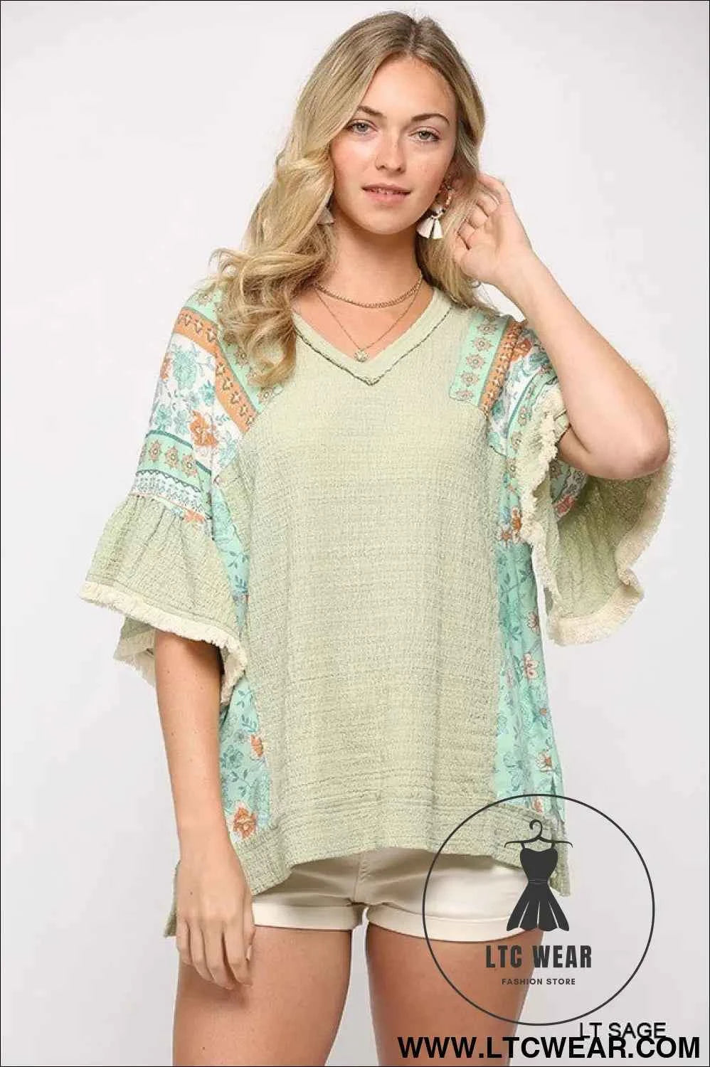 Texture Knit And Print Mixed Hi Low Hem Top