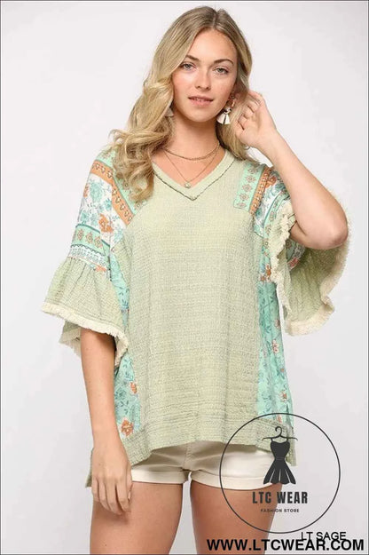 Texture Knit And Print Mixed Hi Low Hem Top