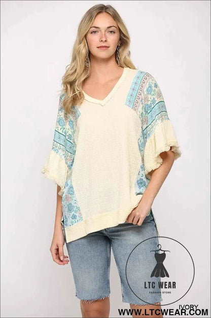 Texture Knit And Print Mixed Hi Low Hem Top