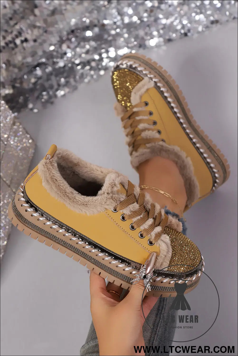 Thai curry fur trimmed patchwork lace up platform sneakers - womens shoes