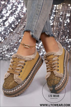 Thai curry fur trimmed patchwork lace up platform sneakers - womens shoes
