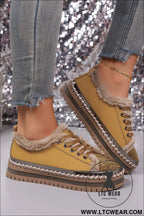 Thai curry fur trimmed patchwork lace up platform sneakers - womens shoes