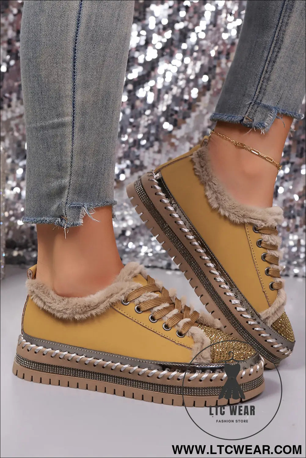 Thai curry fur trimmed patchwork lace up platform sneakers - womens shoes