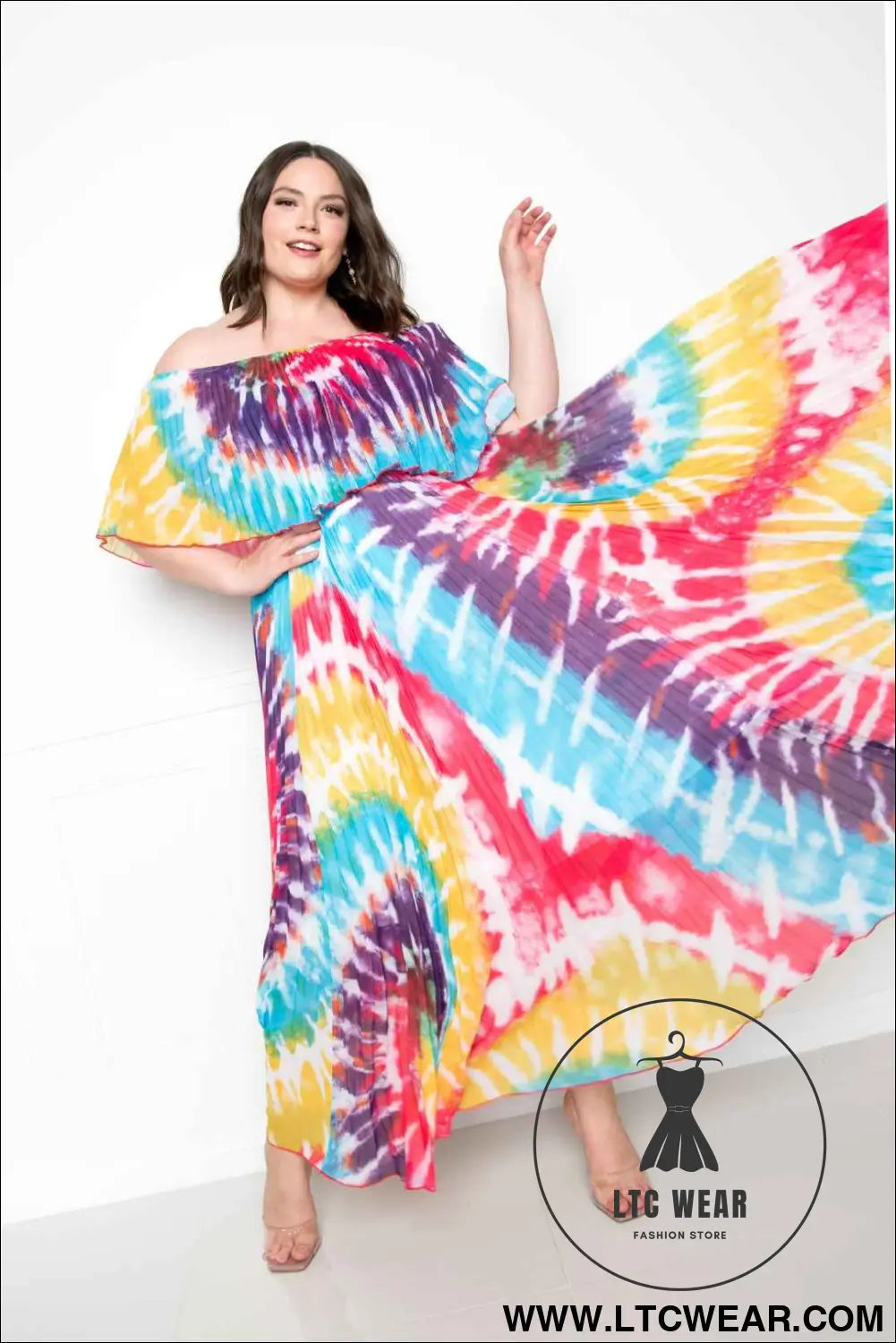 Tie Dye Off Shoulder Pleated Maxi Dress
