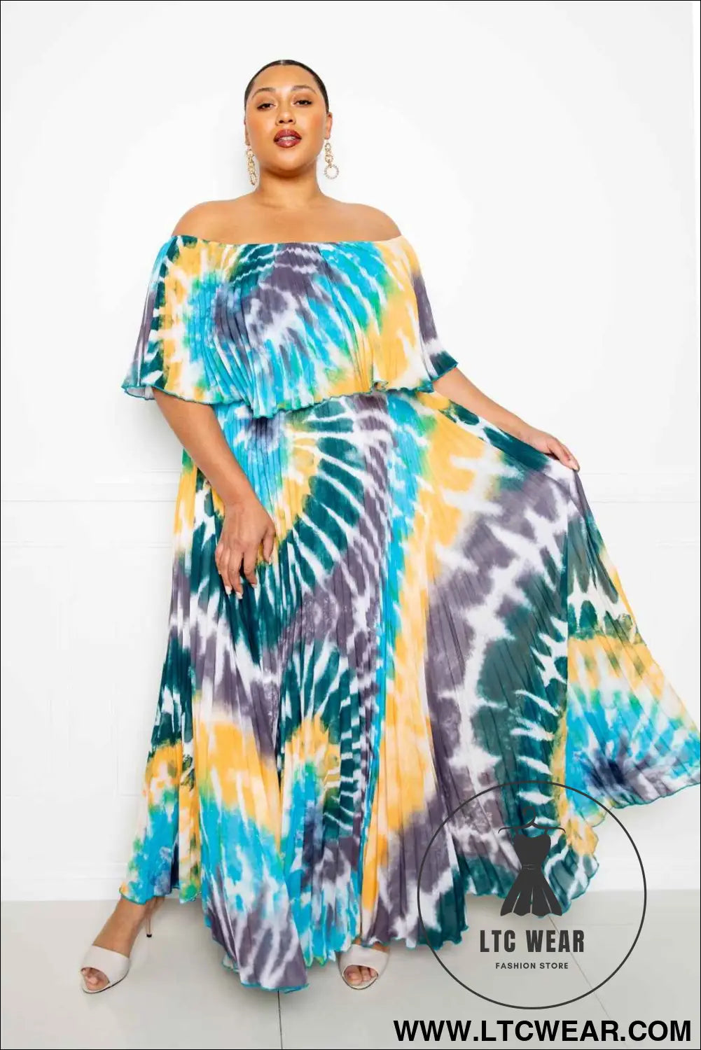 Tie Dye Off Shoulder Pleated Maxi Dress
