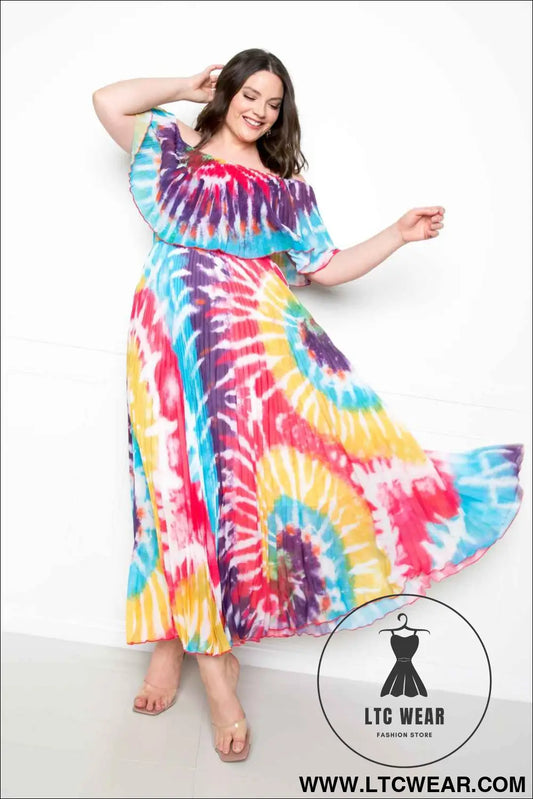 Tie Dye Off Shoulder Pleated Maxi Dress