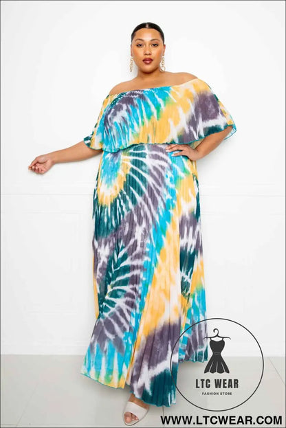 Tie Dye Off Shoulder Pleated Maxi Dress