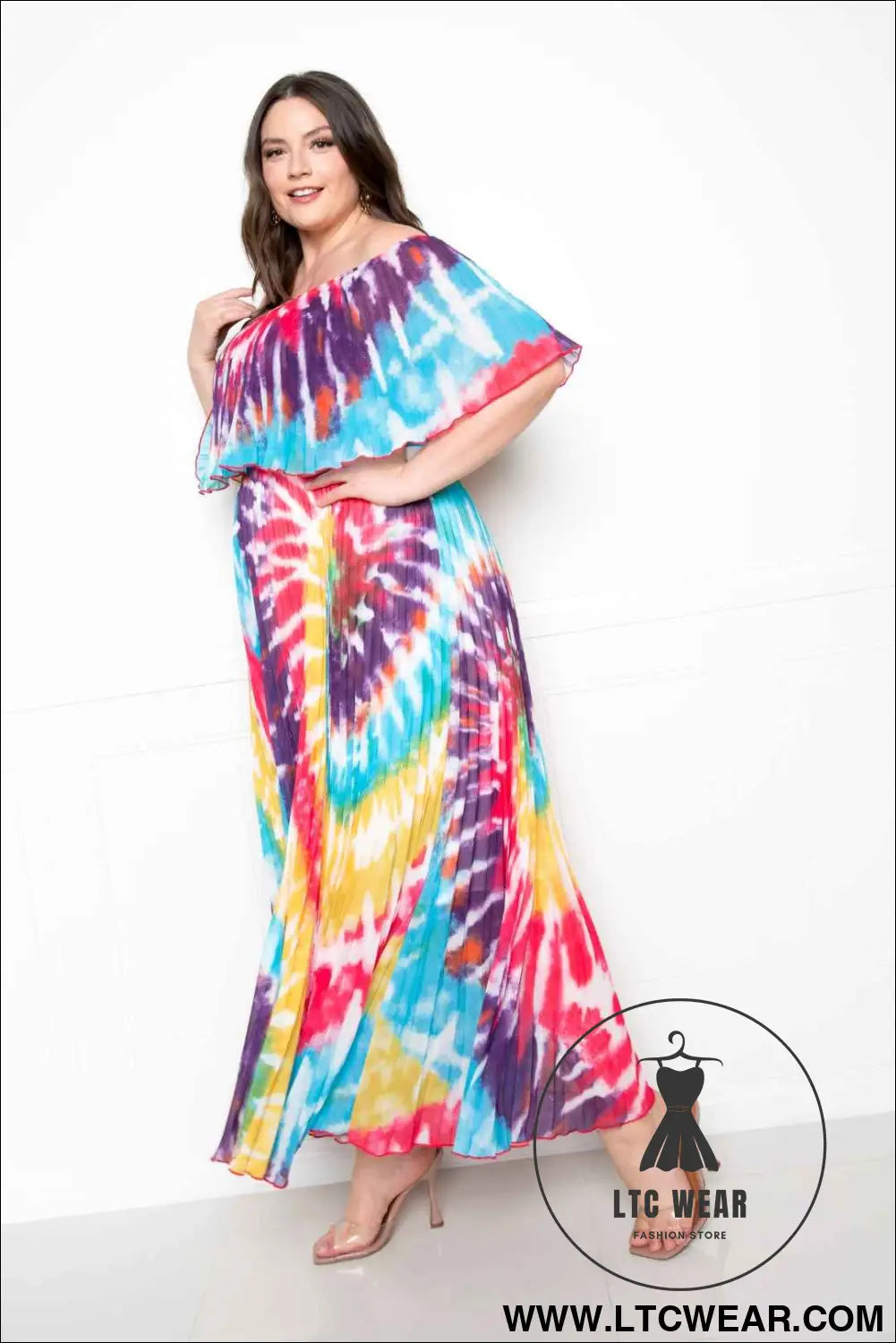 Tie Dye Off Shoulder Pleated Maxi Dress