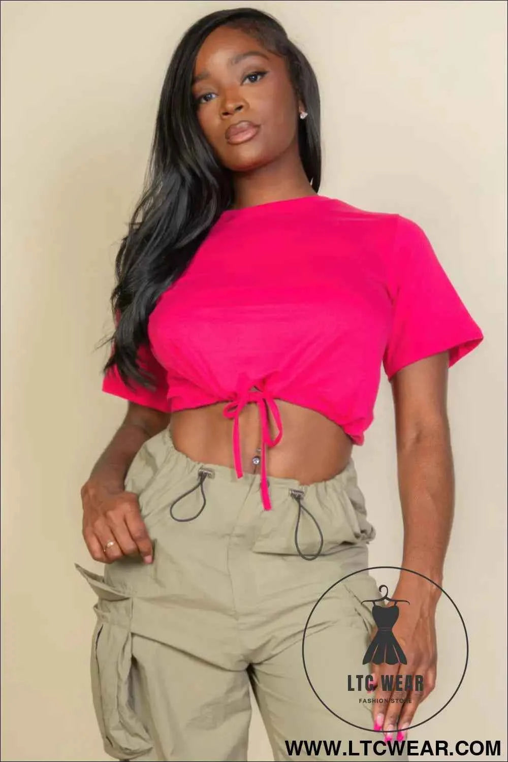 Tie Front Drawstring Short Sleeve Crop Top