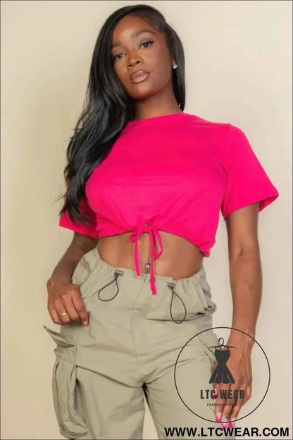 Tie Front Drawstring Short Sleeve Crop Top