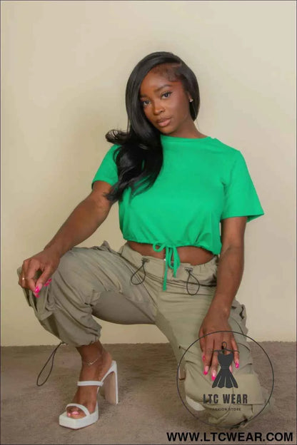 Tie Front Drawstring Short Sleeve Crop Top