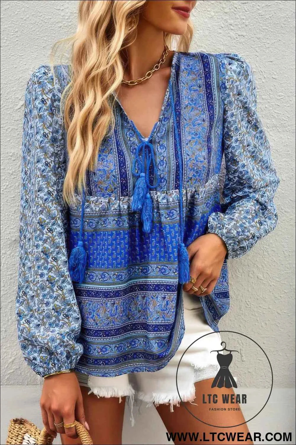 Tie Neck Boho Floral Tunics Long Sleeve Shirt
