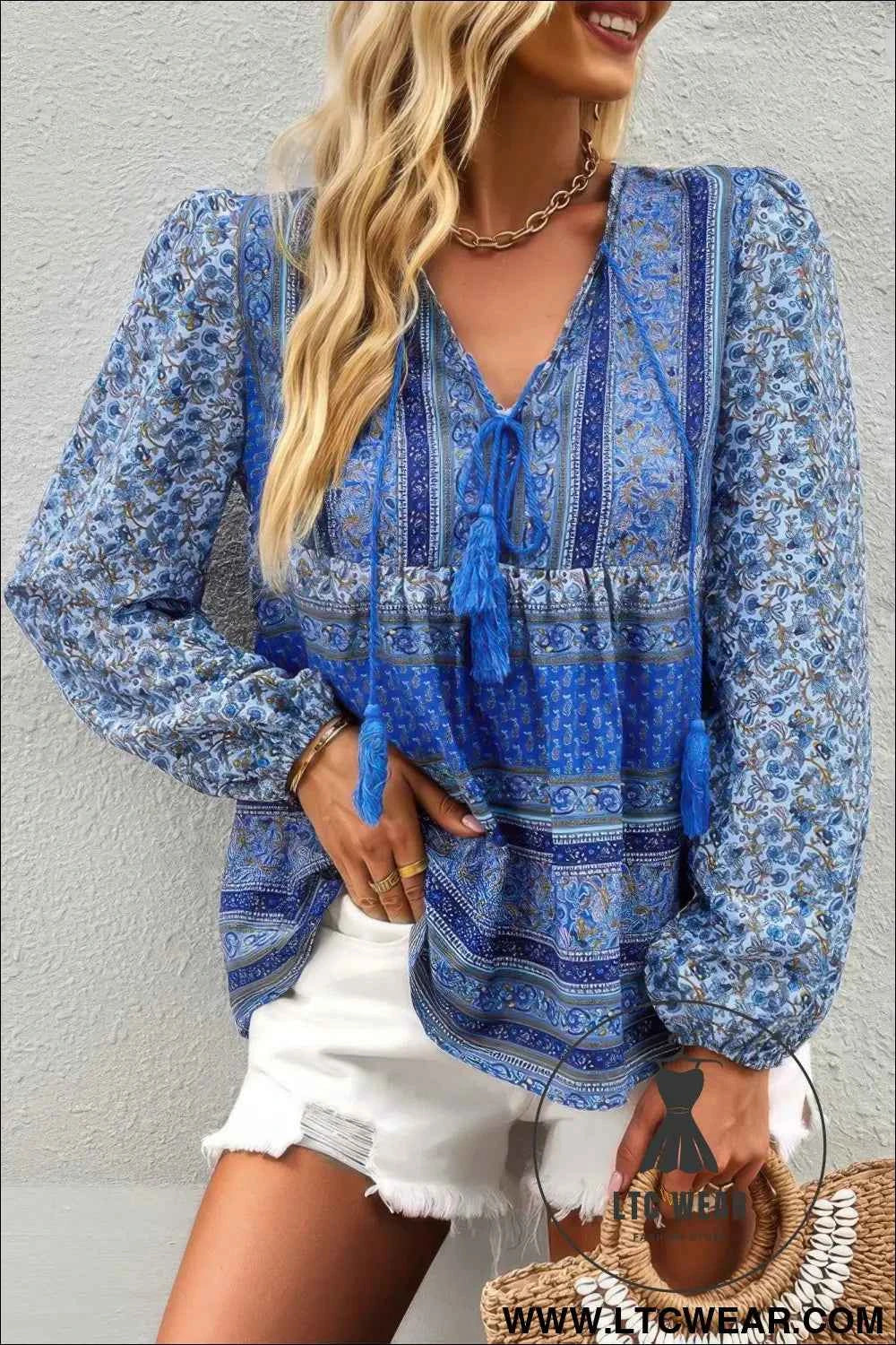 Tie Neck Boho Floral Tunics Long Sleeve Shirt