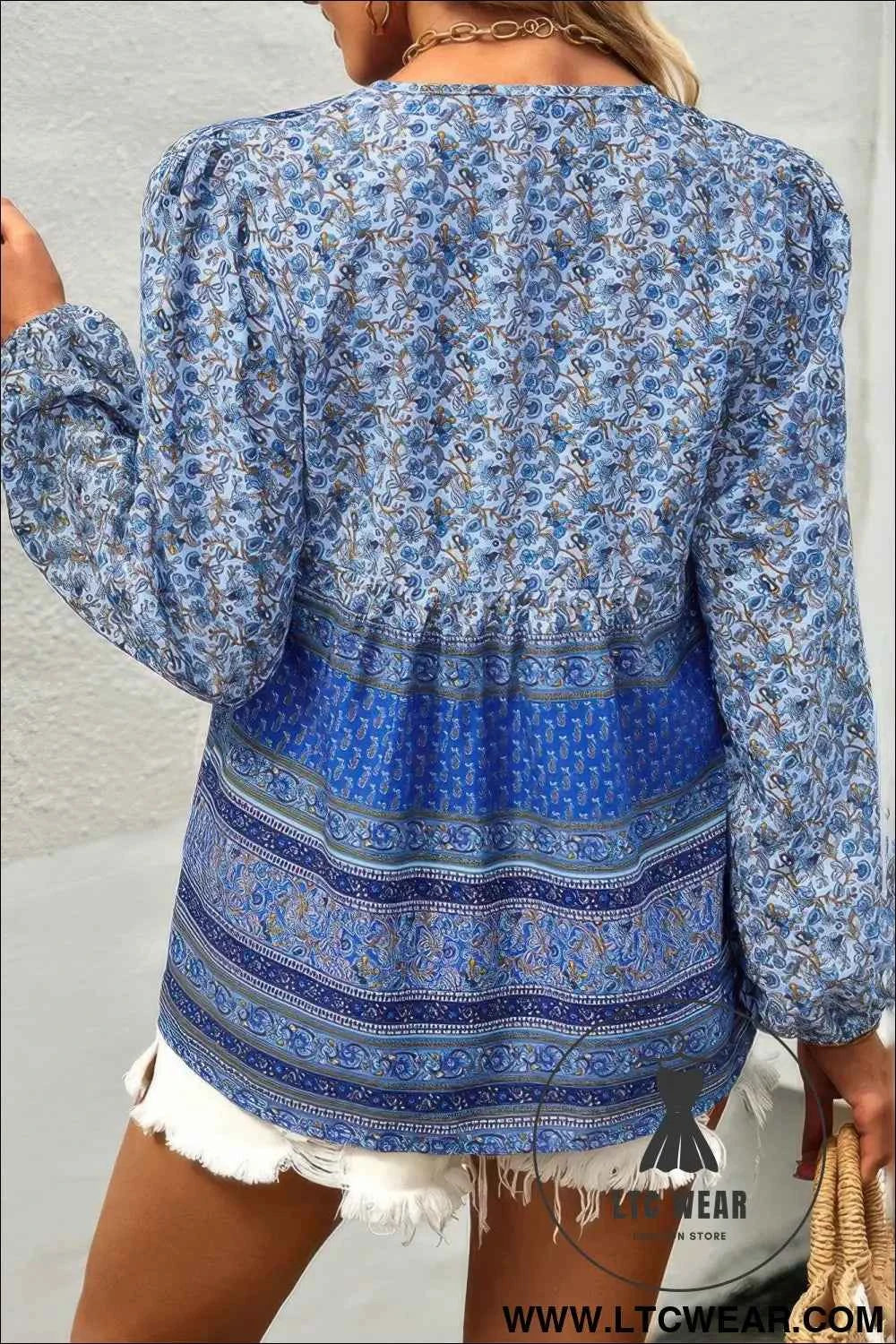 Tie Neck Boho Floral Tunics Long Sleeve Shirt
