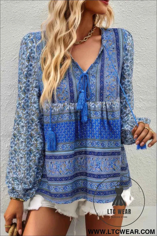 Tie Neck Boho Floral Tunics Long Sleeve Shirt