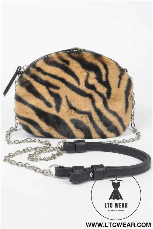 Tiger Print Crossbody Bag – Stylish Fur Zip Design