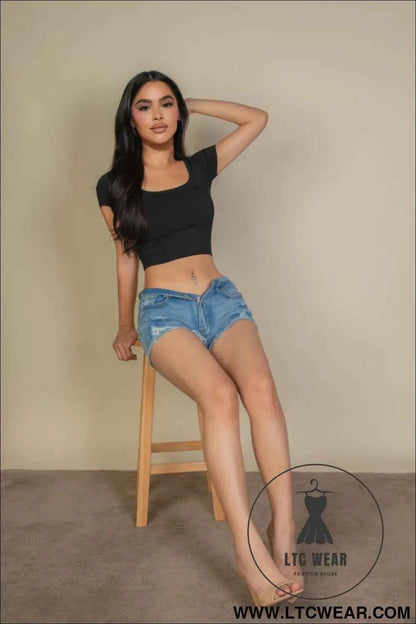 Tight Knitted Square Neck Short Sleeve T Shirt