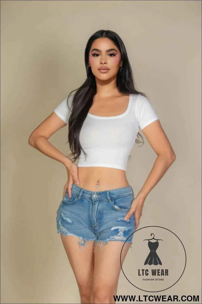 Tight Knitted Square Neck Short Sleeve T Shirt