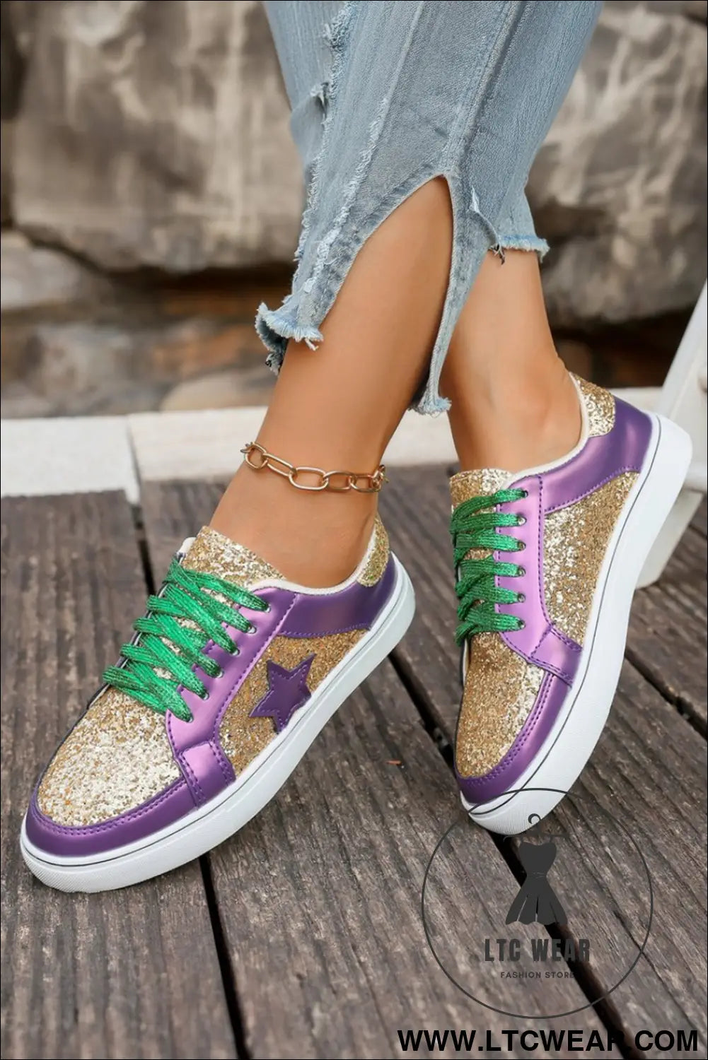 Tillandsia purple dearlove glitter star patchwork pu leather lace-up sneakers - womens shoes