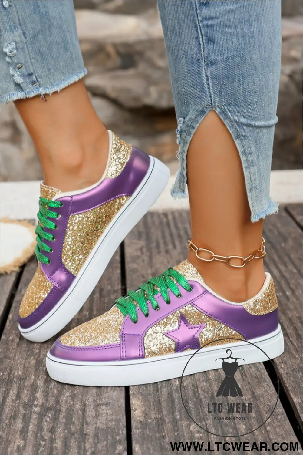 Tillandsia purple dearlove glitter star patchwork pu leather lace-up sneakers - womens shoes