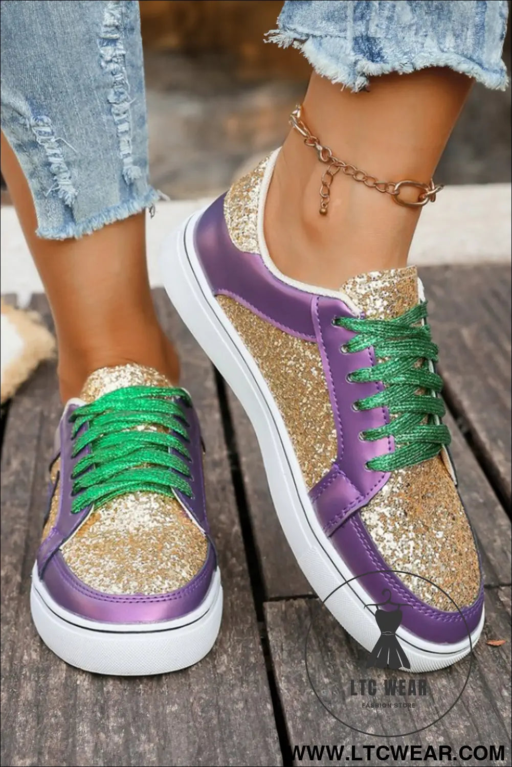 Tillandsia purple dearlove glitter star patchwork pu leather lace-up sneakers - womens shoes