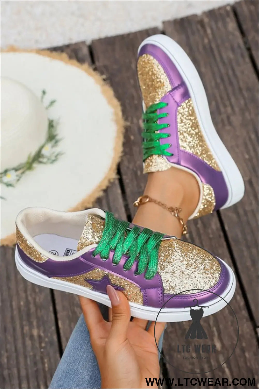 Tillandsia purple dearlove glitter star patchwork pu leather lace-up sneakers - womens shoes