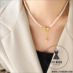 Titanium steel freshwater pearl heart necklace - gold / one size