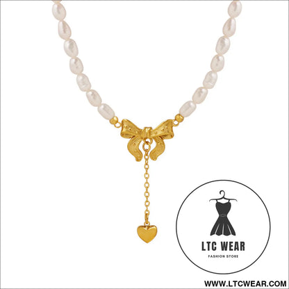 Titanium steel freshwater pearl heart necklace - gold / one size