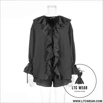 Tornova Women's Ruffled Spring Shorts & V-Neck Set