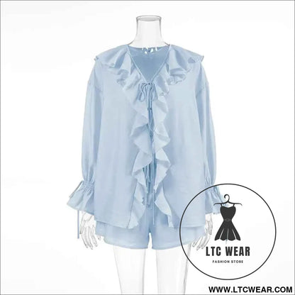 Tornova Women's Ruffled Spring Shorts & V-Neck Set