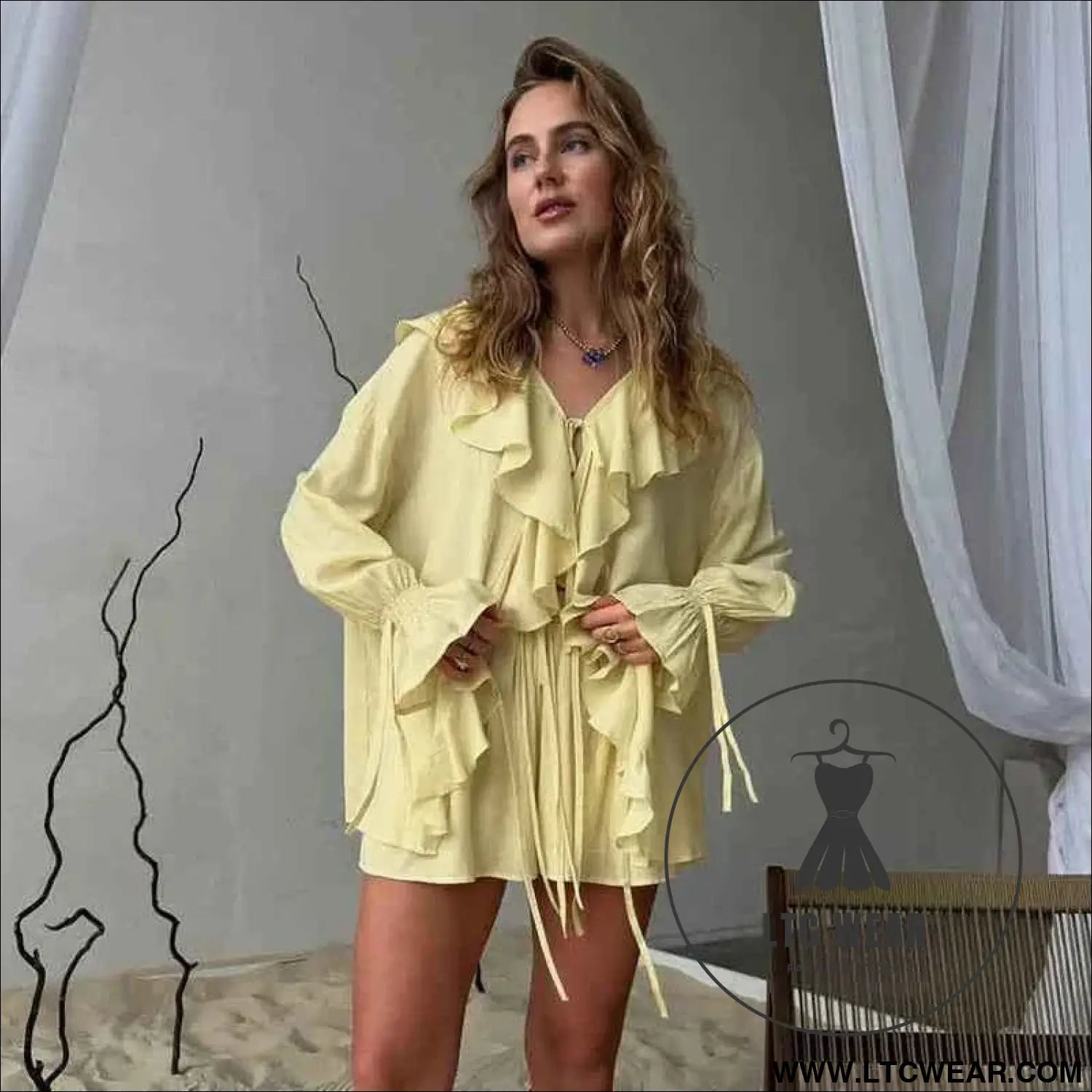 Tornova Women's Ruffled Spring Shorts & V-Neck Set