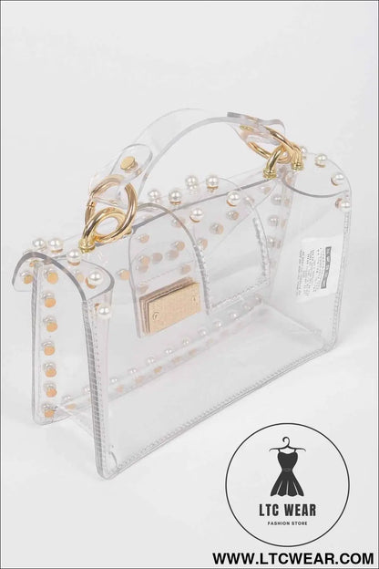 Transparent Single Handle Clutch W/faux Pearl