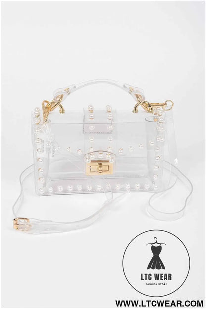 Transparent Single Handle Clutch W/faux Pearl