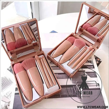 Travel-Ready: 5Pcs Portable Makeup Brush Set with Mirror