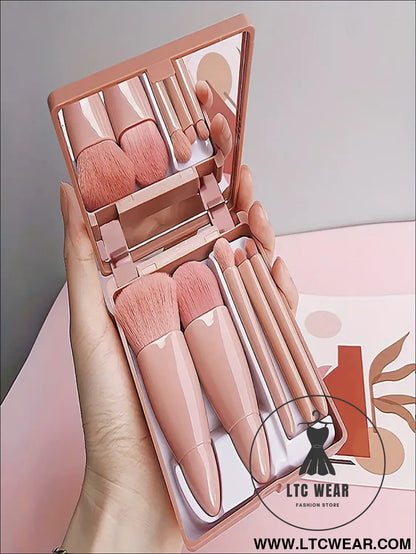 Travel-Ready: 5Pcs Portable Makeup Brush Set with Mirror - L.T.C Wear Online Fashion Store