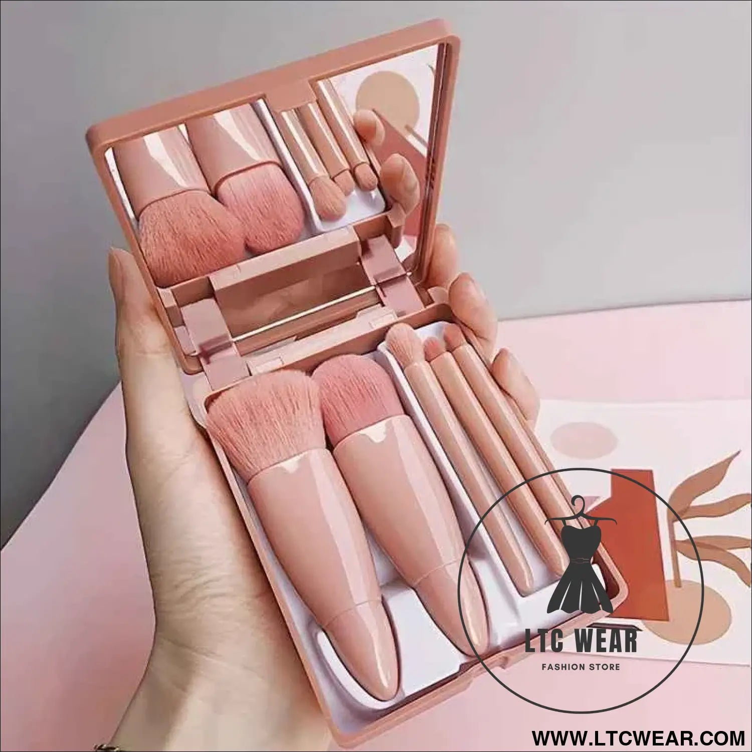 Travel-Ready: 5Pcs Portable Makeup Brush Set with Mirror