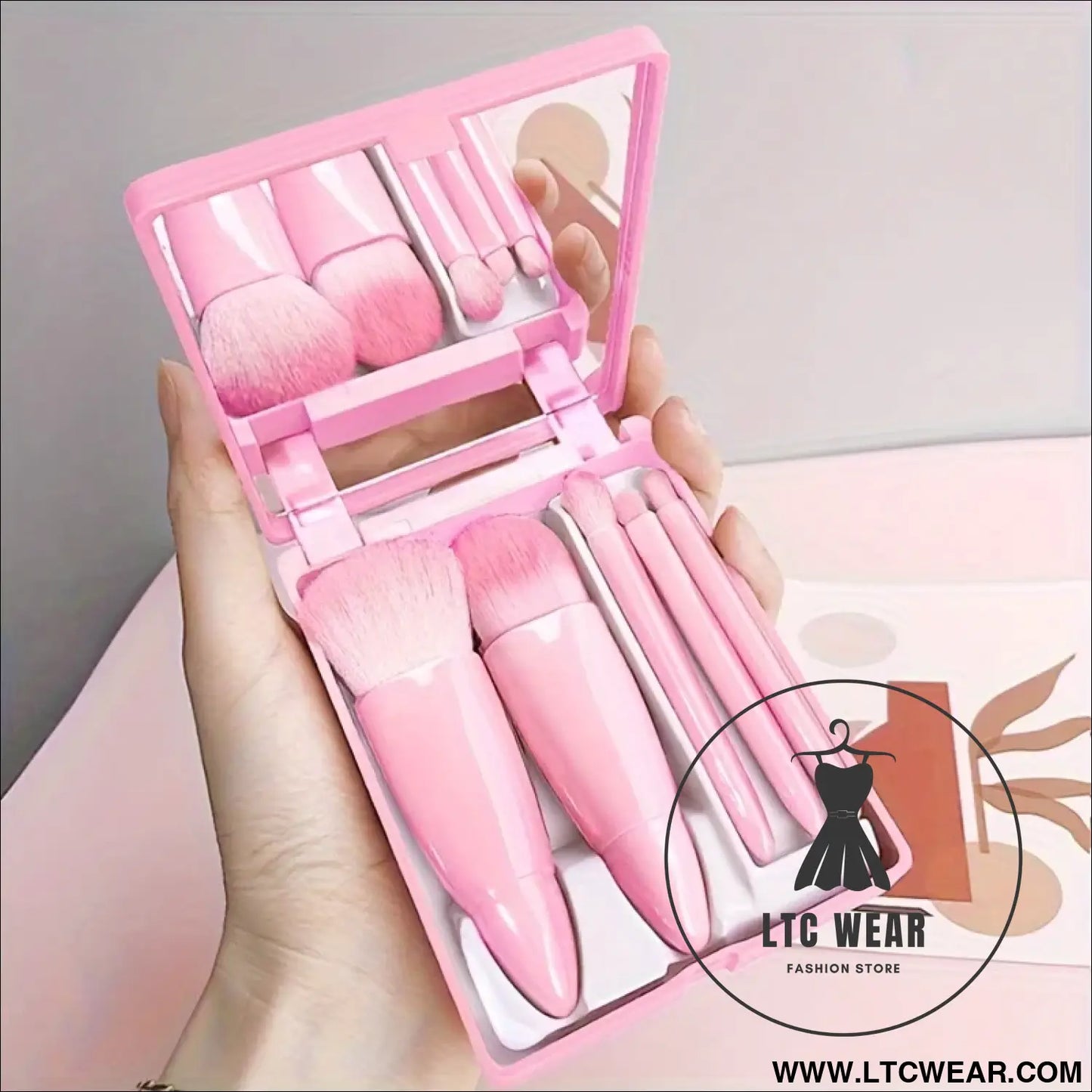 Travel-Ready: 5Pcs Portable Makeup Brush Set with Mirror - L.T.C Wear Online Fashion Store