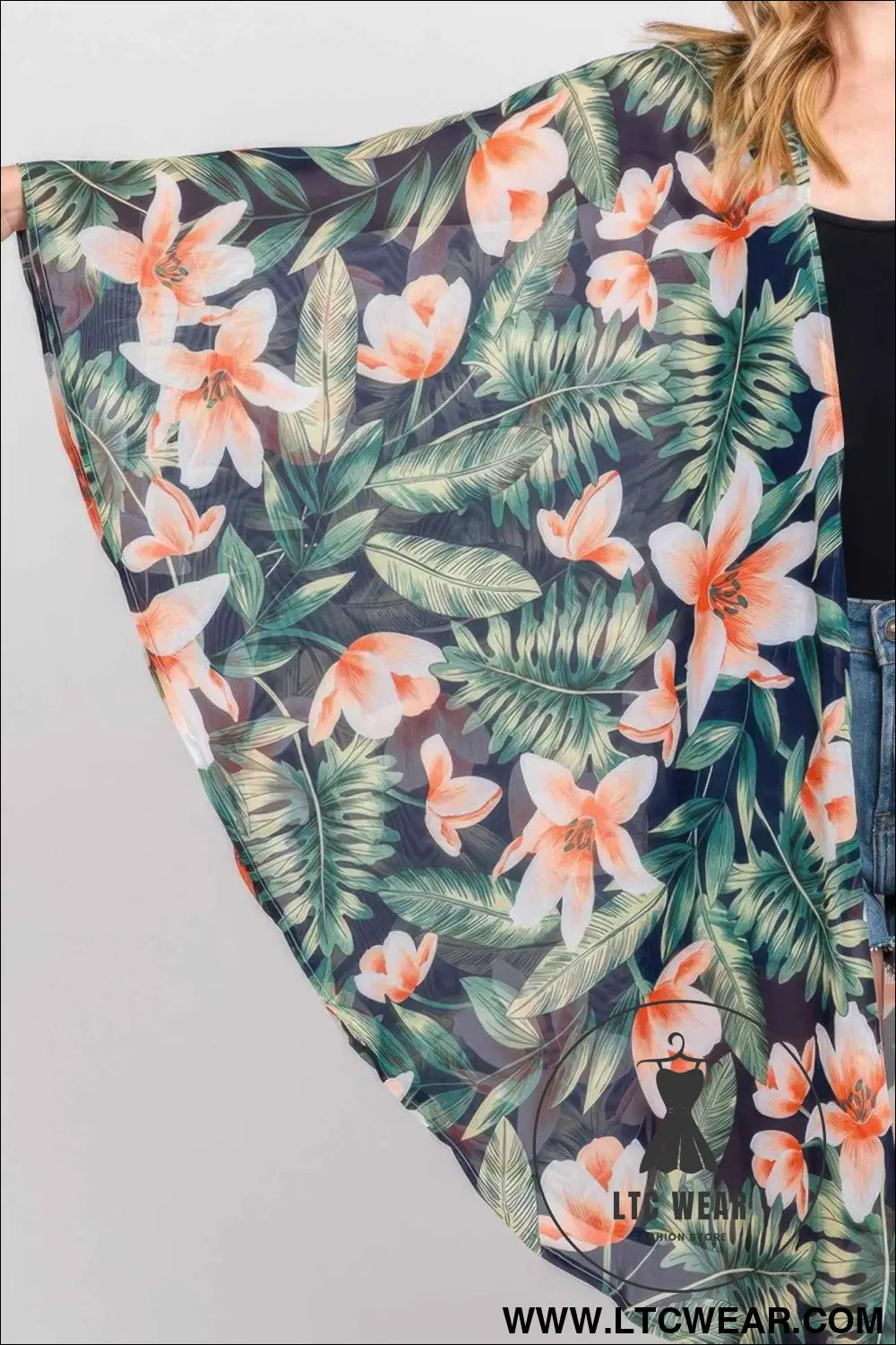 Tropical Flower Leaves Print Shawl Cover-up