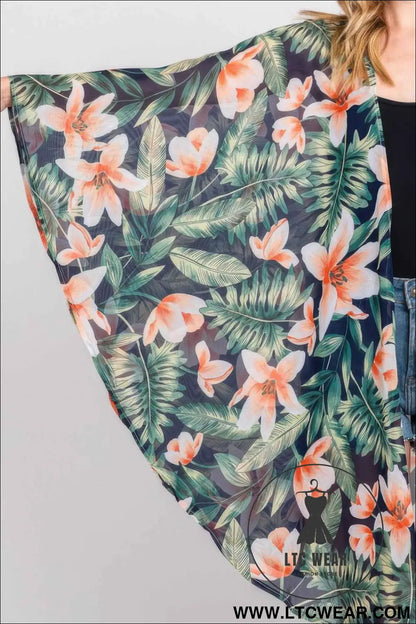 Tropical Flower Leaves Print Shawl Cover-up