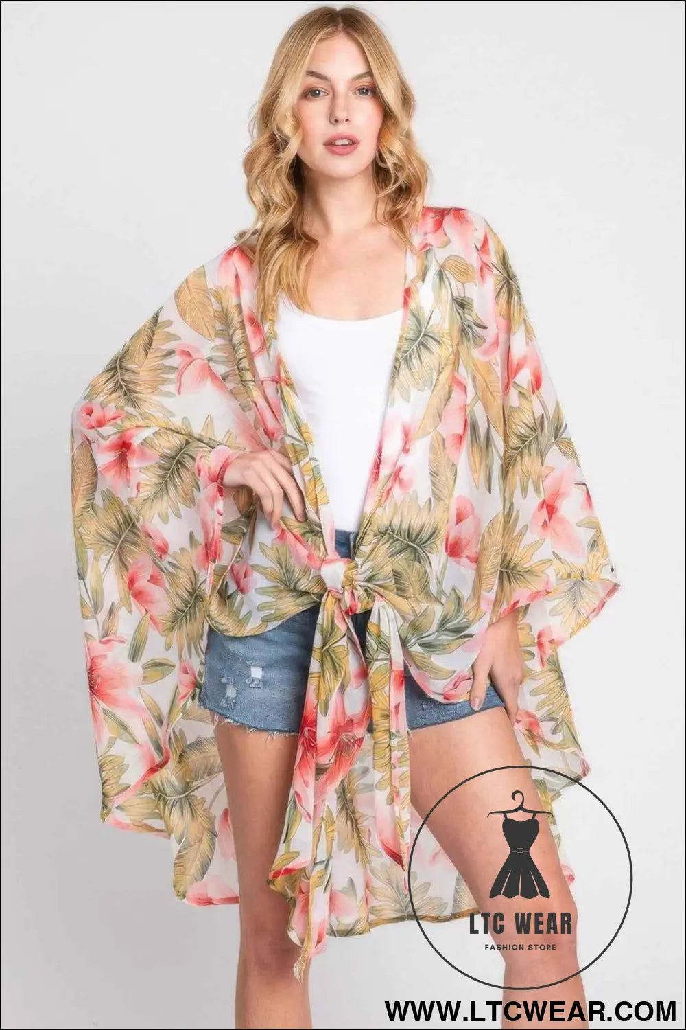 Tropical Flower Leaves Print Shawl Cover-up