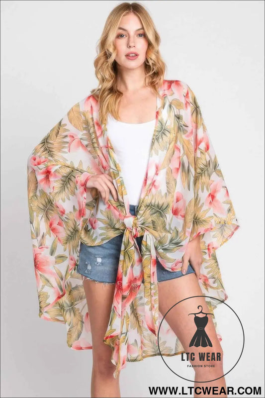 Tropical Flower Leaves Print Shawl Cover-up